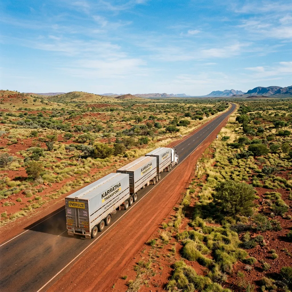Road train with three trailers on a long straight outback highway edged with red earth and spinifex
