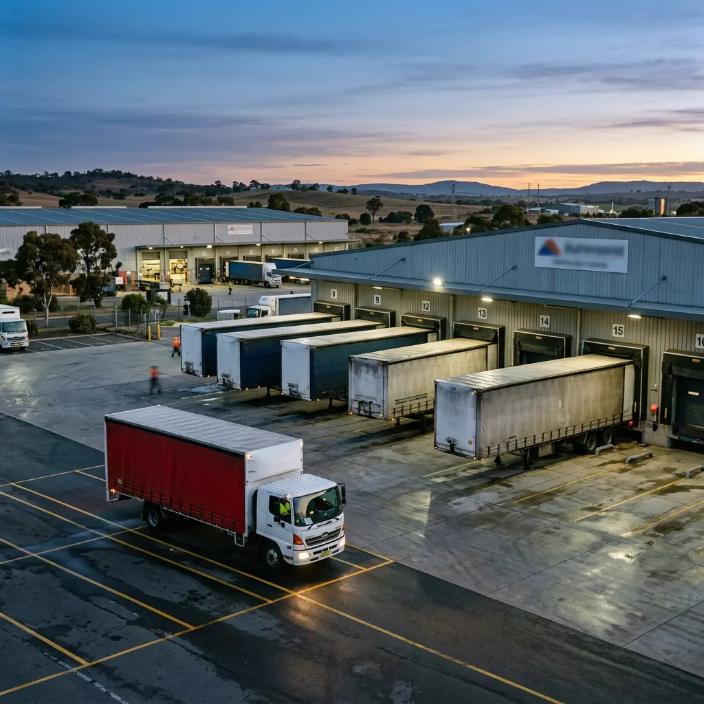 Curtainsider trailers backed into distribution centre dock doors at dawn with a rigid truck waiting in the marshalling lane