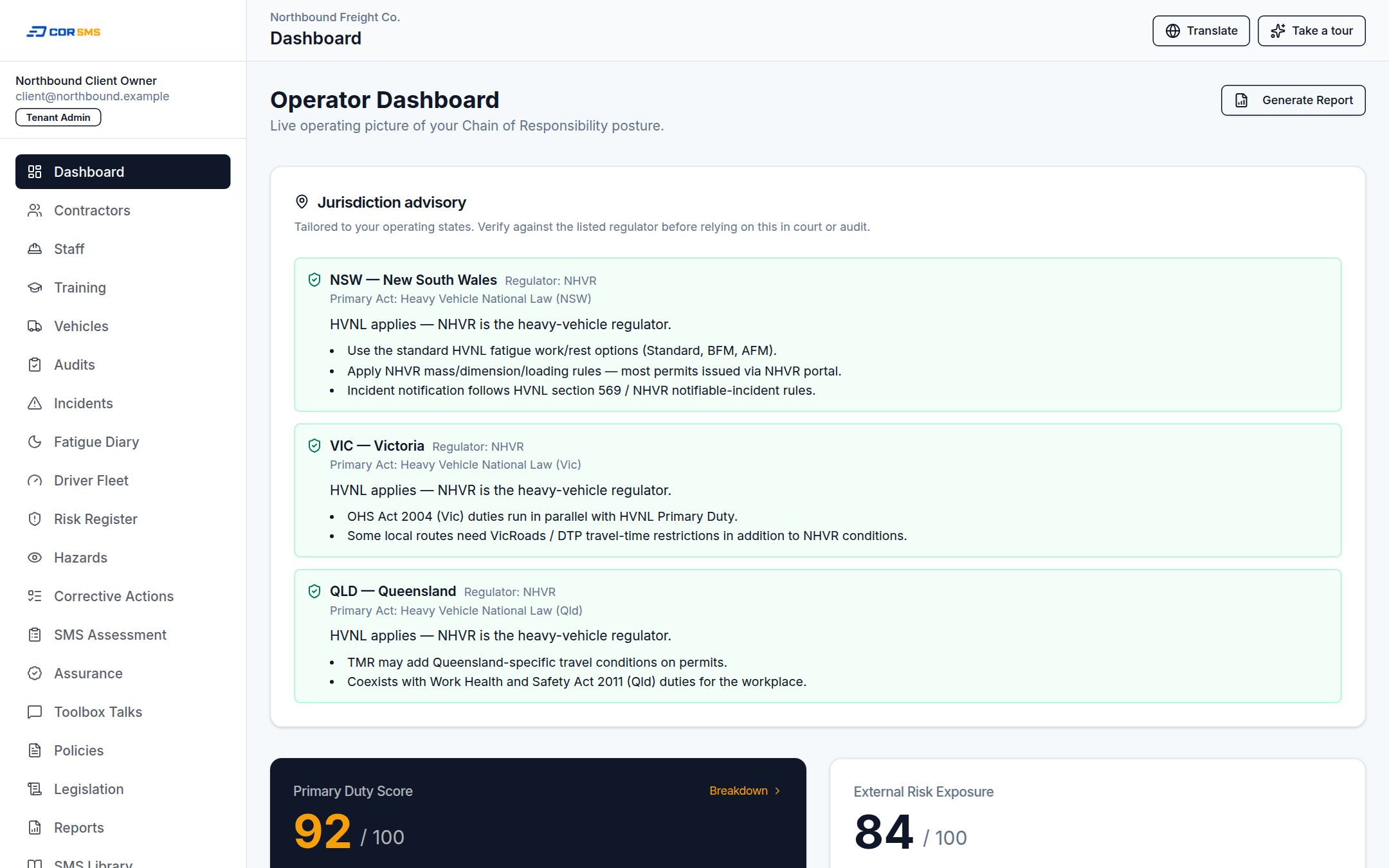 CORSMS Operator Dashboard showing Primary Duty score and jurisdiction advisories