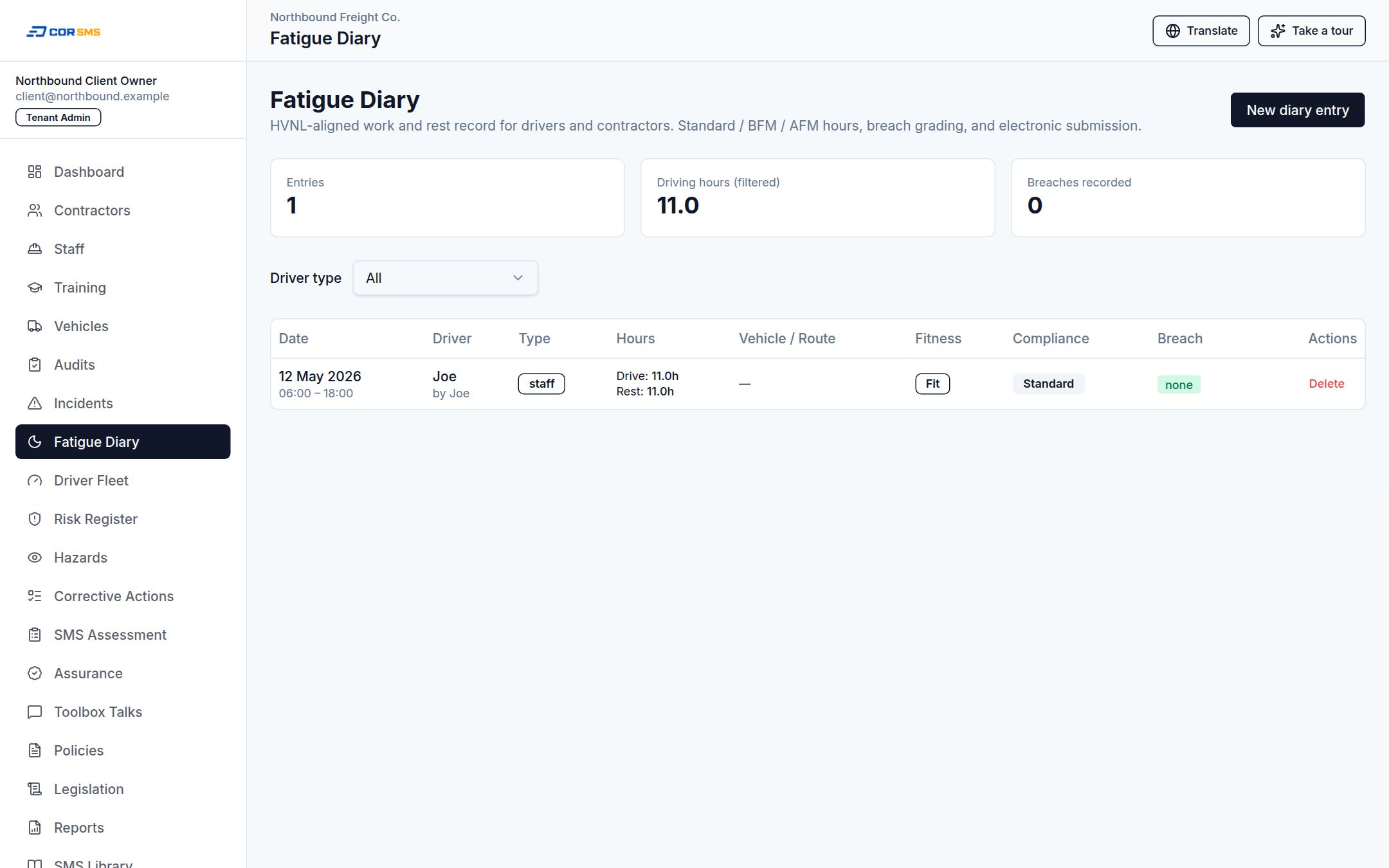 CORSMS driver fatigue diary and supervisor fleet view