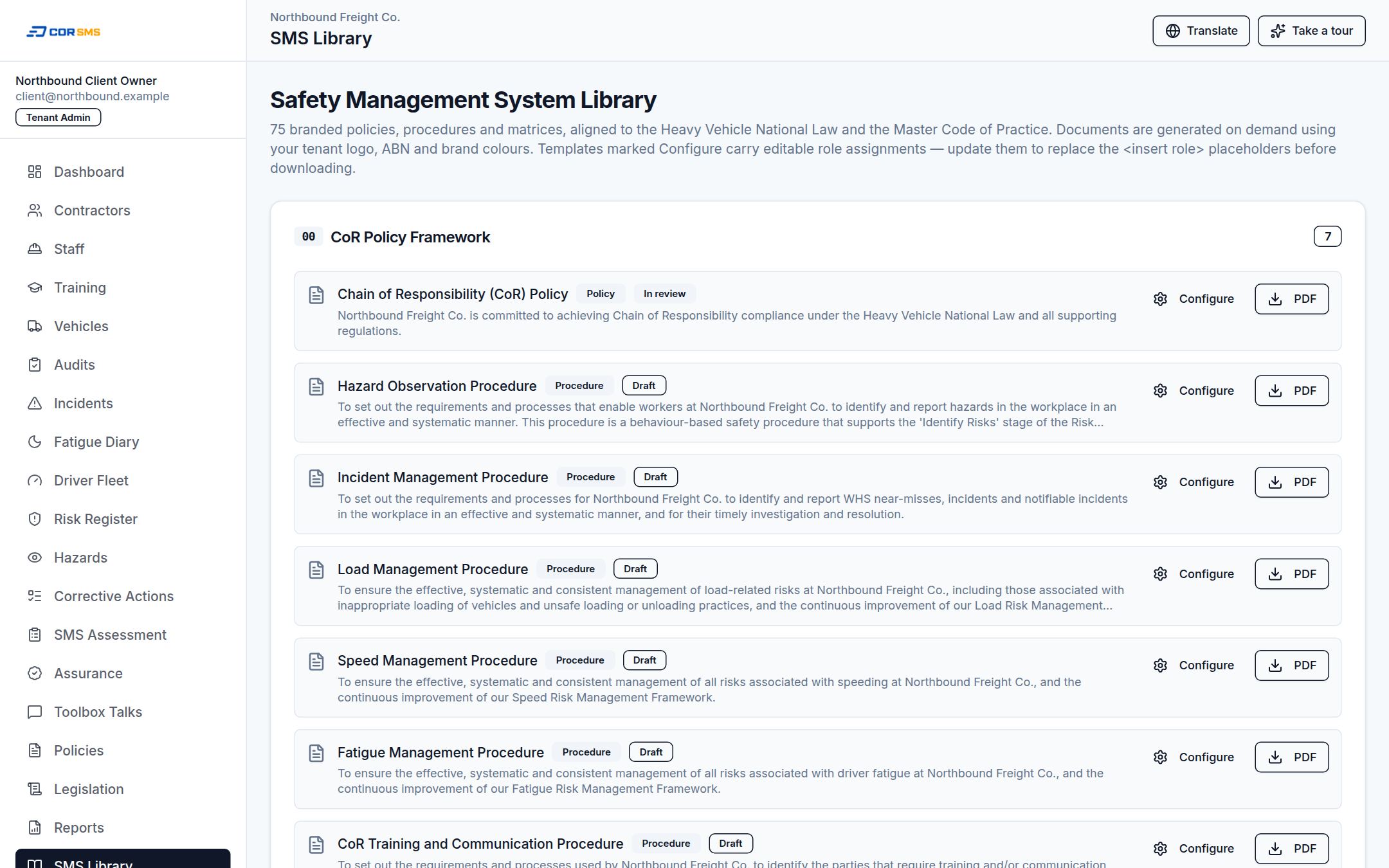 CORSMS branded SMS document library