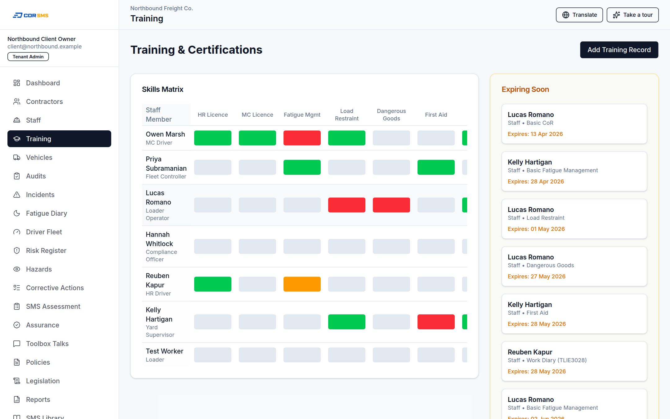 CORSMS training courses and records